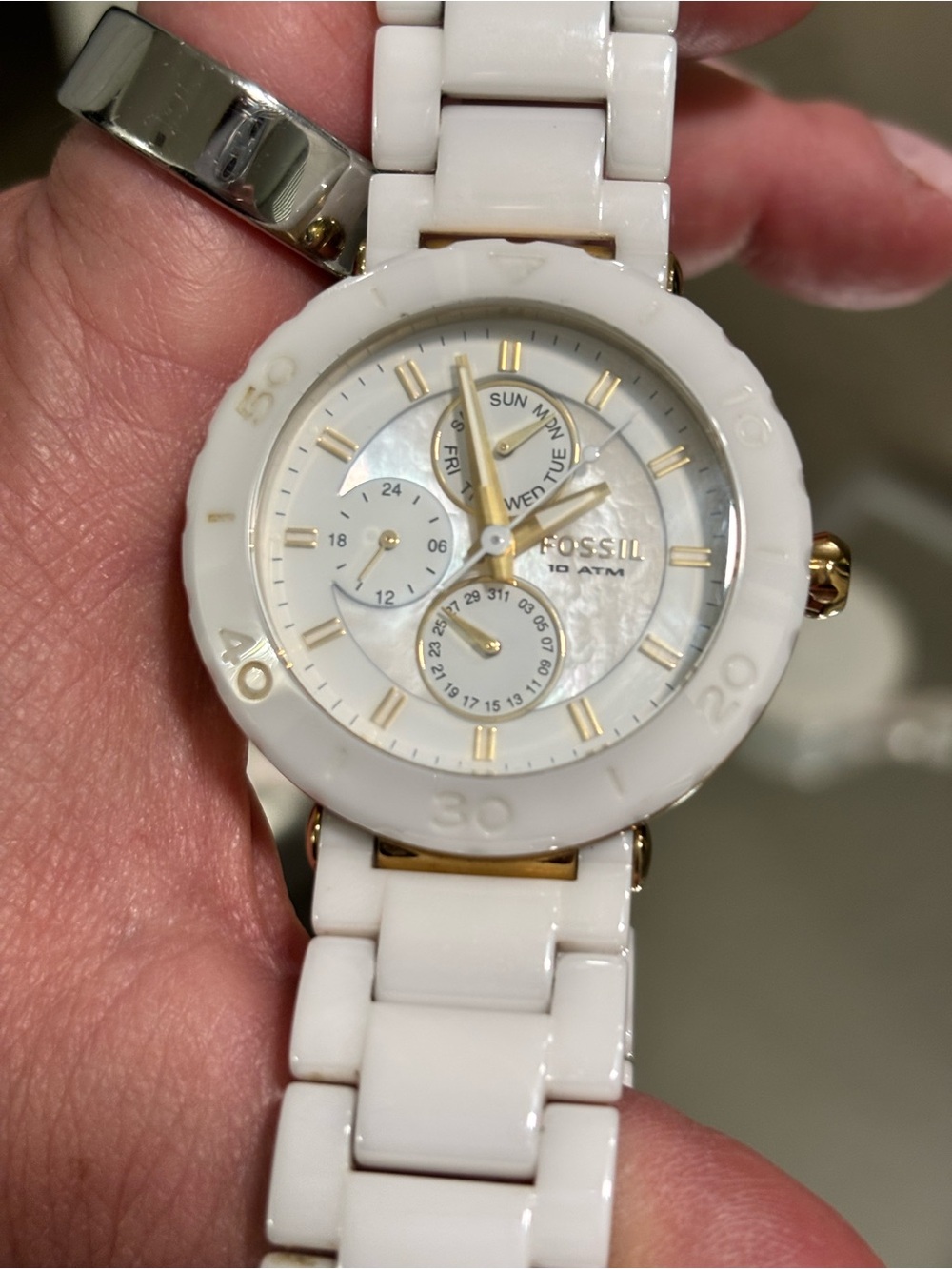 Fossil White Ceramic Watch with Gold Accents - New Battery